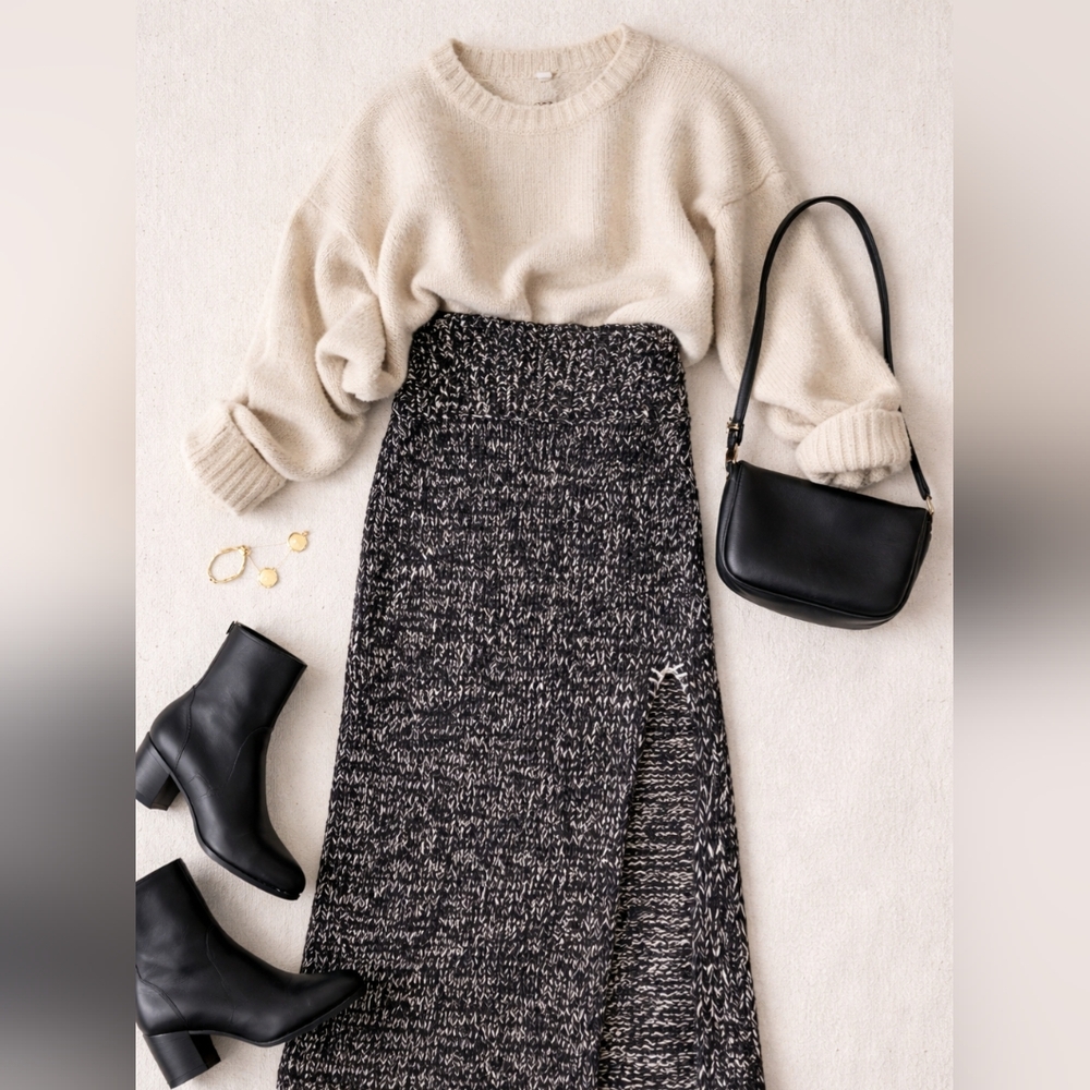 Atelier Delphine Marled Knit Midi Skirt Side Slit Black Oatmeal Chunky Knit